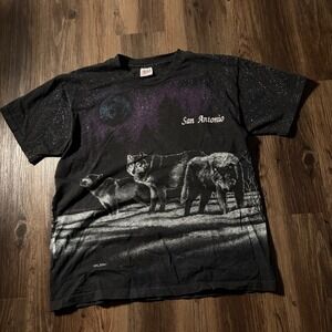 Vintage Anvil San Antonio Wolf Moon Night All Over Print T Shirt Mens Large